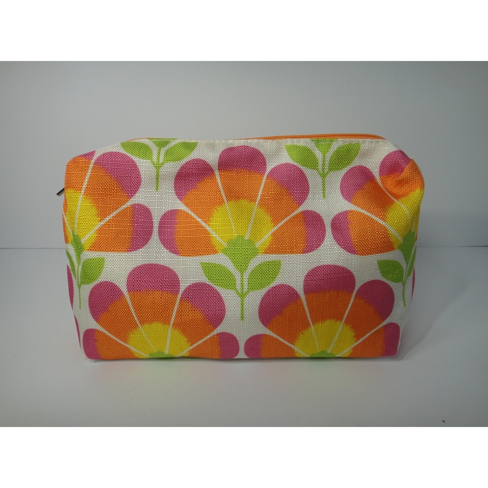 Clinique Makeup Bag Floral Print Canvas Cosmetic Pouch Orange Pink Retro Flower